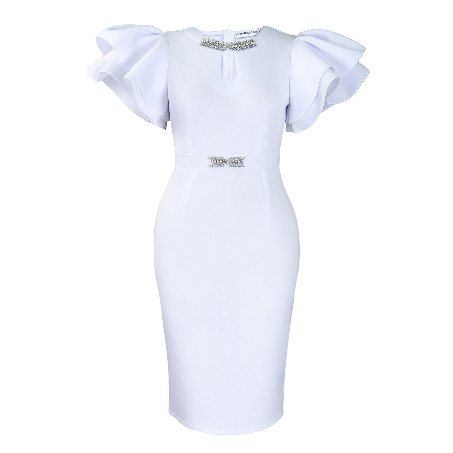 Elegant Puff Sleeve Midi Dress With Rhinestone Details