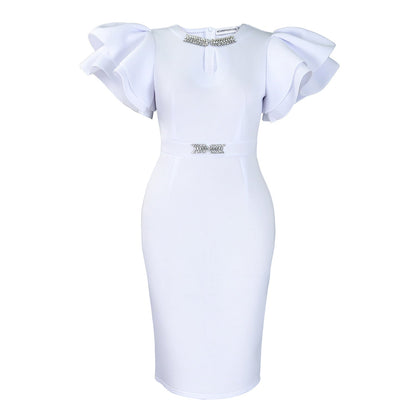 Elegant Puff Sleeve Midi Dress With Rhinestone Details