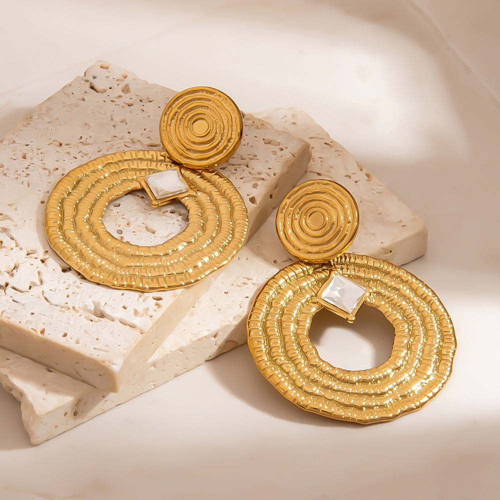 Trendy Vintage Circle Earrings with Rhinestones in Stainless Steel