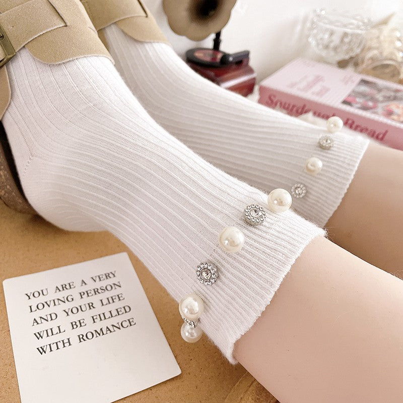 Rhinestone Pearl Solid Color Sweet Socks