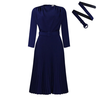 Elegant A-Line Midi Dress With Belt - Office Casualwear