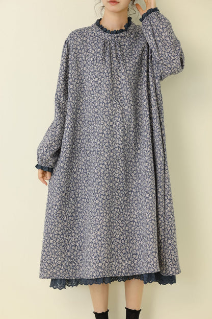 Floral Print Long Sleeve Dress Casual A-Line Dress with Ruffled Neckline