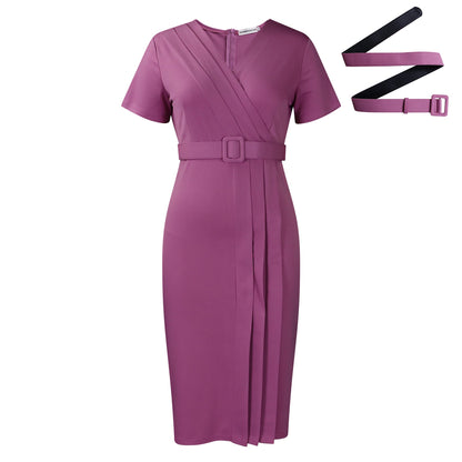 Elegant V-Neck Midi Pencil Dress With Belt
