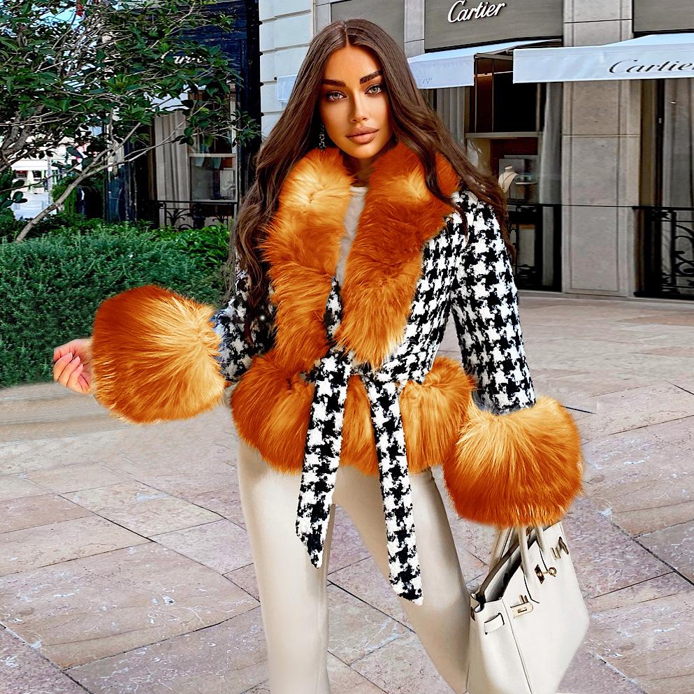 Short Fur Coat Winter Quilted Thick Slim-Fit Lace-Up Coat Top