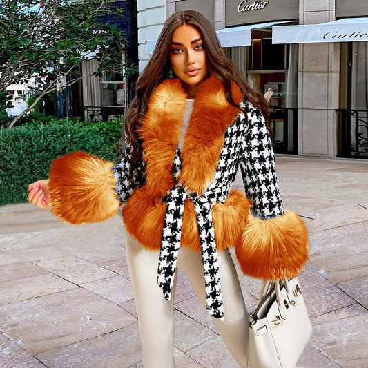 Short Fur Coat Winter Quilted Thick Slim-Fit Lace-Up Coat Top