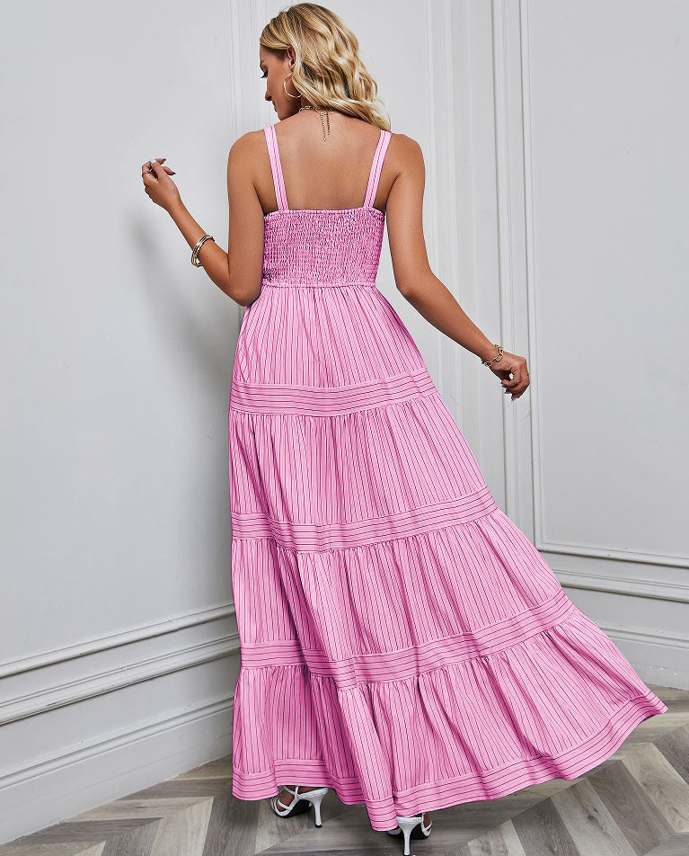 Solid Color Striped Spaghetti Long Dress