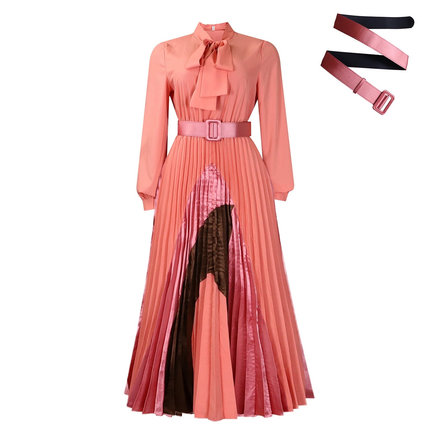 Elegant Color-Block A-Line Dress With Belt