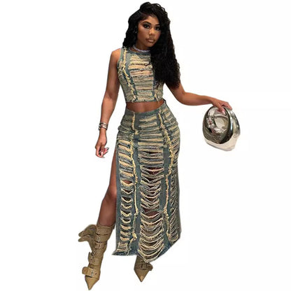 Trendy Women'S Denim Outfit With Distressed Vest And High Slit Skirt