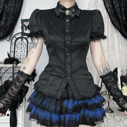Vintage Lace Trim Black Shirt for Street Style