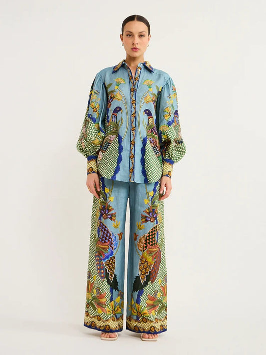 Trendy Animal Print Puff Sleeve Linen Two-Piece Set