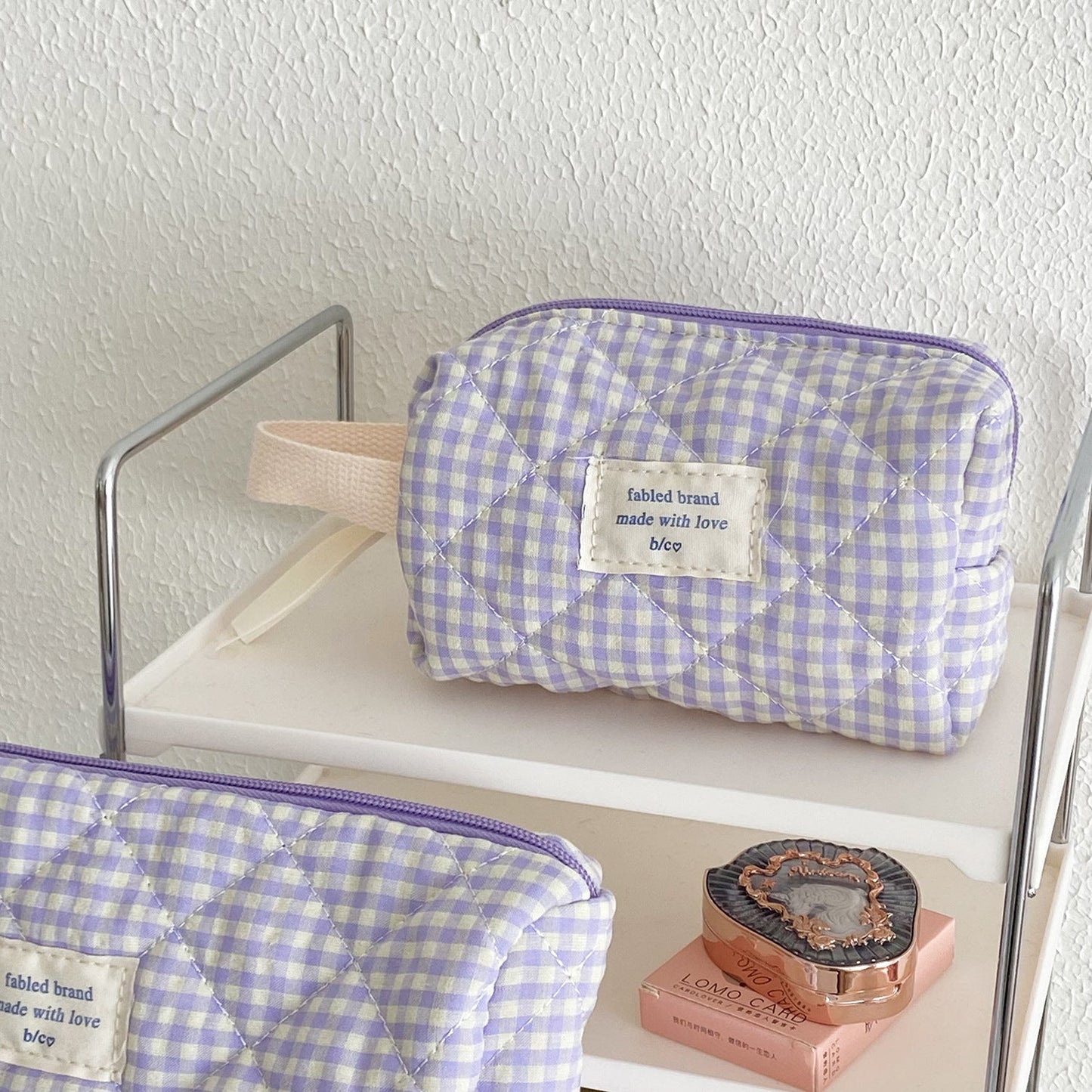 Berry Check Quilted Makeup Bag Large Capacity Cotton Cosmetic Organizer