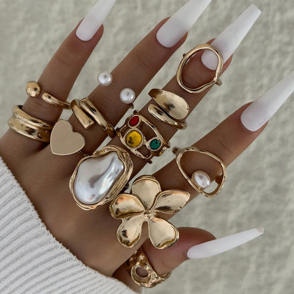 Irregular Pearl Ring Set Trendy Gold Retro Geometric Statement Rings