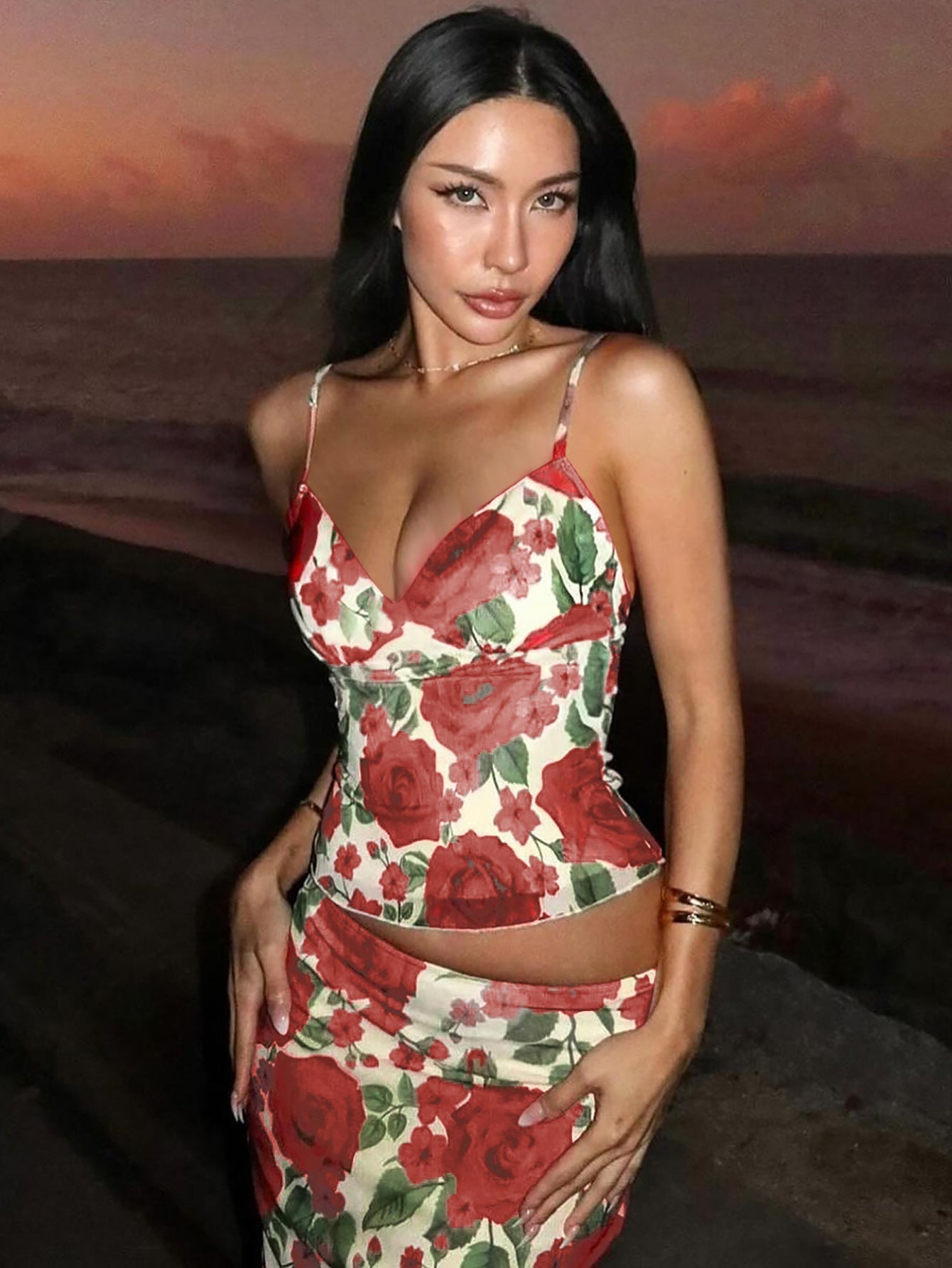Floral Print V-Neck Bodycon Maxi Dress Set for Women