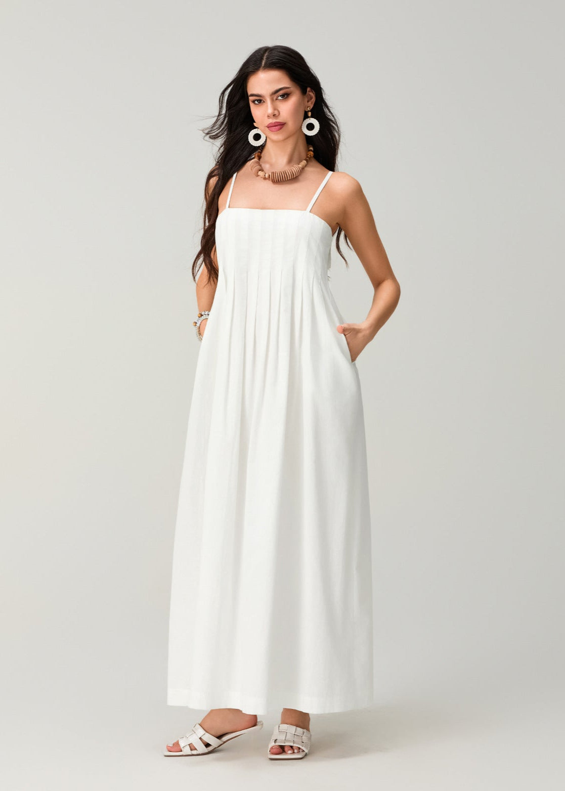 White Linen Cotton Pleated Maxi Sundress