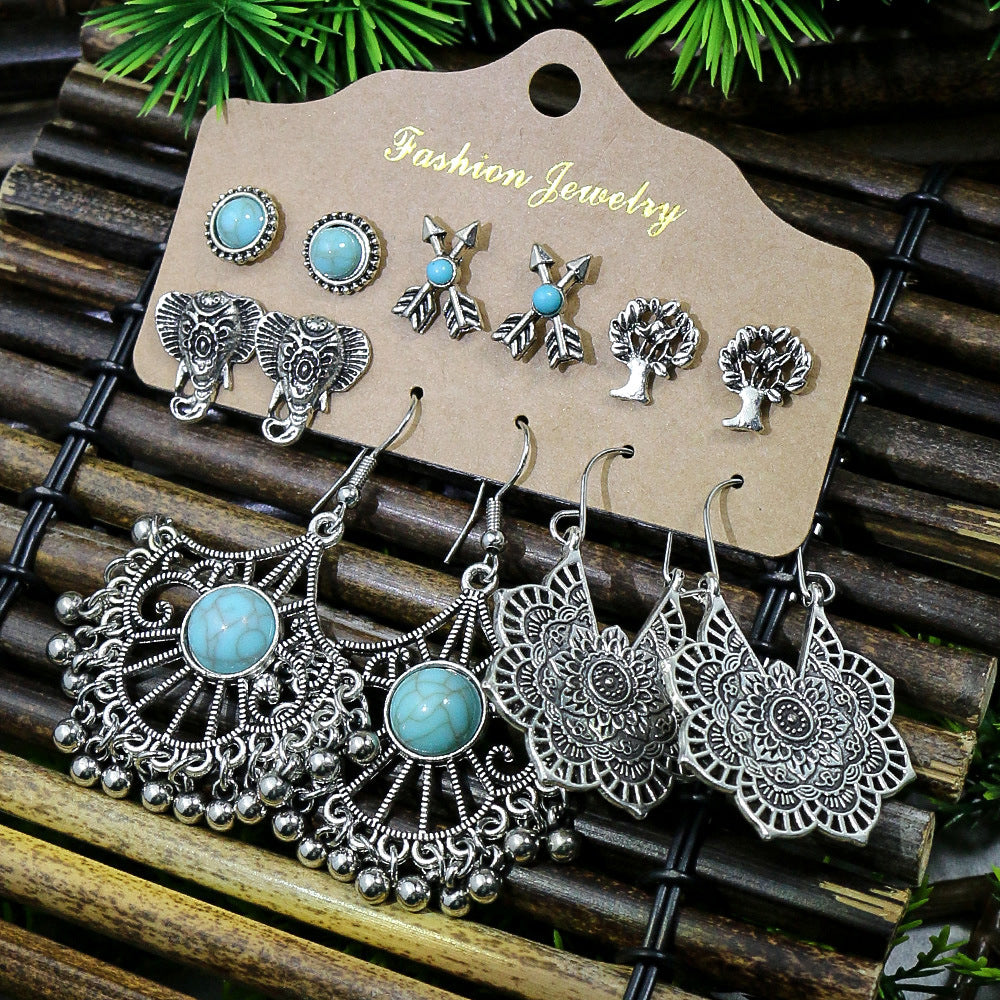 Vintage Lantern Flower Long Earrings Turquoise Boho Jewelry Set