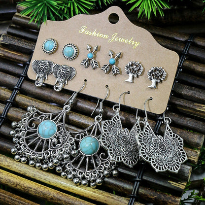 Vintage Lantern Flower Long Earrings Turquoise Boho Jewelry Set