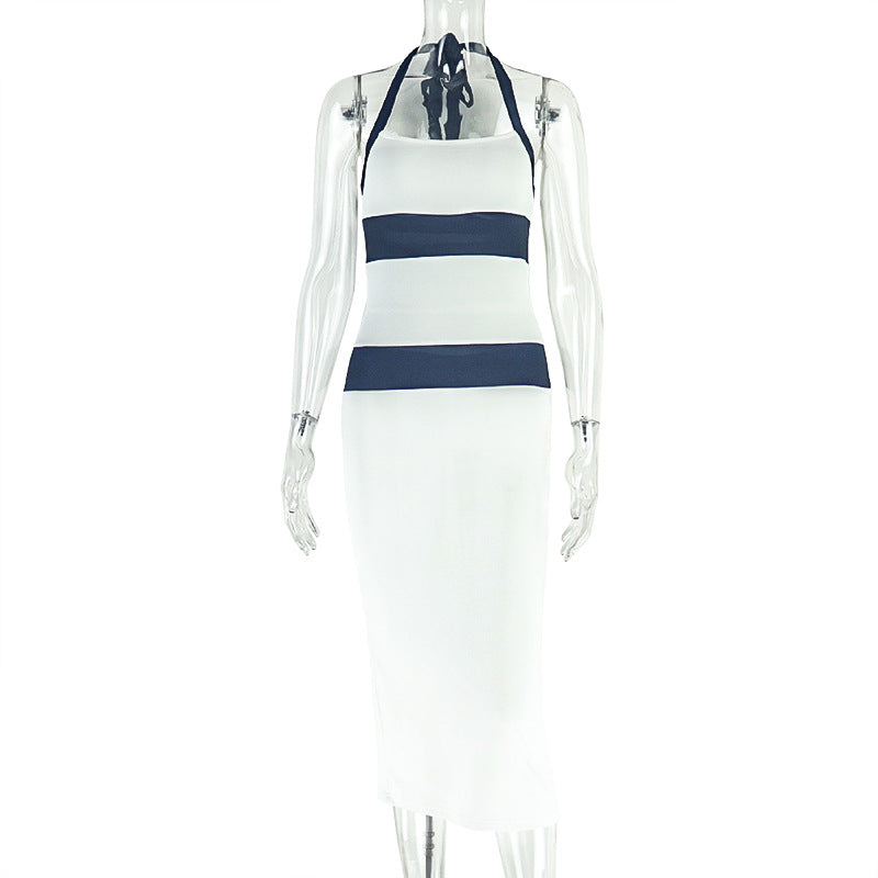 Trendy Black And White Color Block Backless Bodycon Maxi Dress