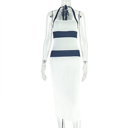 Trendy Black And White Color Block Backless Bodycon Maxi Dress