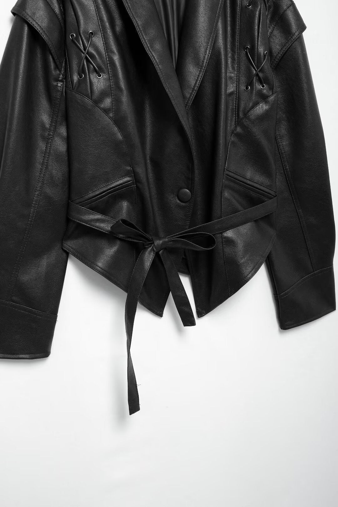 Cool Lapel Drawstring Belt Leather Jacket