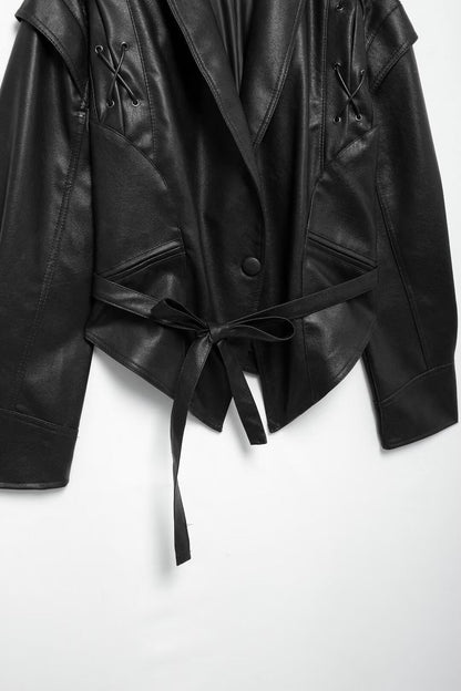 Cool Lapel Drawstring Belt Leather Jacket