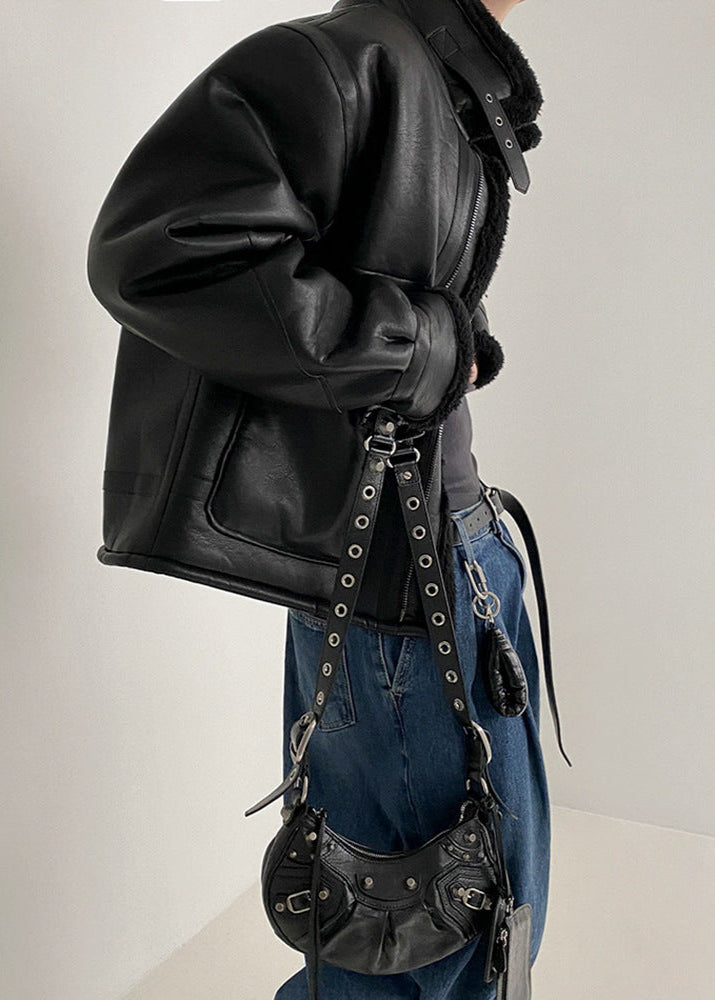 Faux Leather Aviator Jacket With Shearling Collar