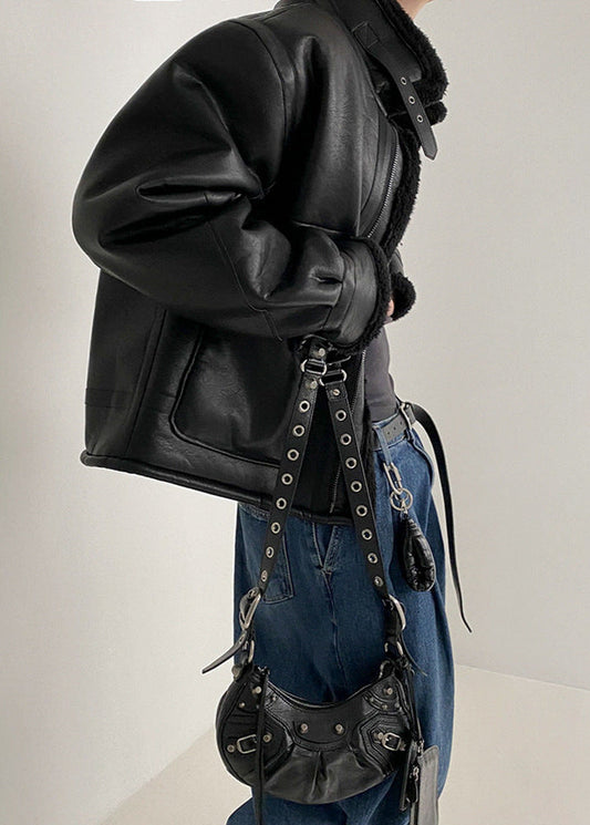Faux Leather Aviator Jacket With Shearling Collar