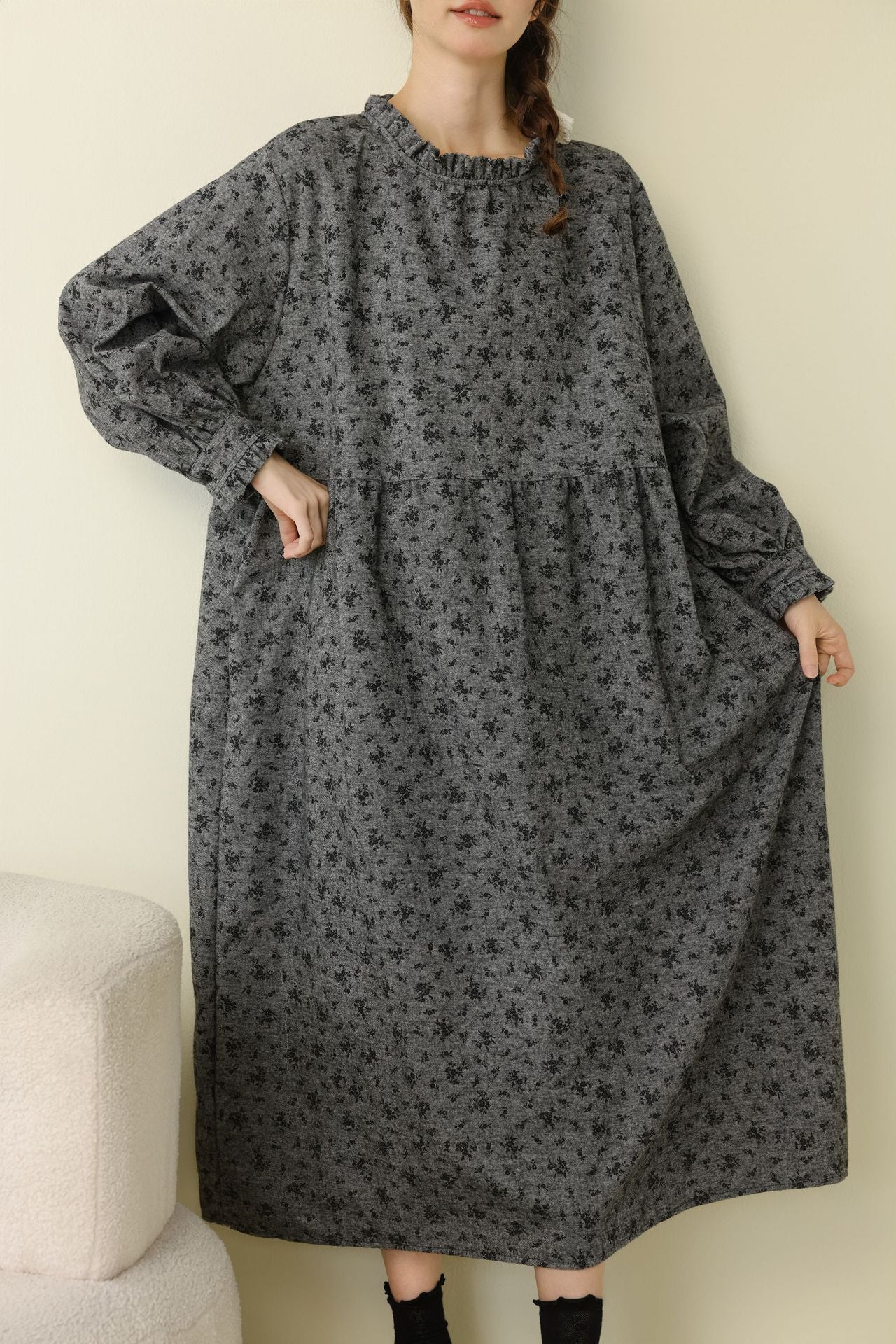 Floral Print Long Sleeve Cotton Dress Casual A-Line Dress