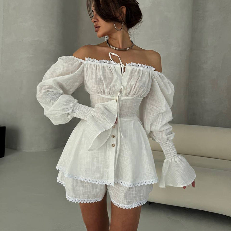 Pink Lace Trim Off-Shoulder Blouse and Shorts Set