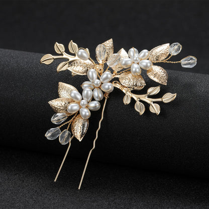 Silver Leaf Handmade Pearl Crystal U-Shaped Hairpin Wedding Hair Accessory