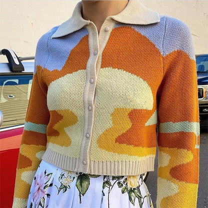 Short Knit Sweater Women Polo Collar Loose Coat Cardigan Top
