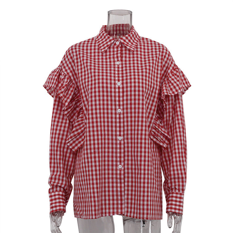 Cotton Plaid Women's Shirt With Ruffle Collar Casual Cardigan