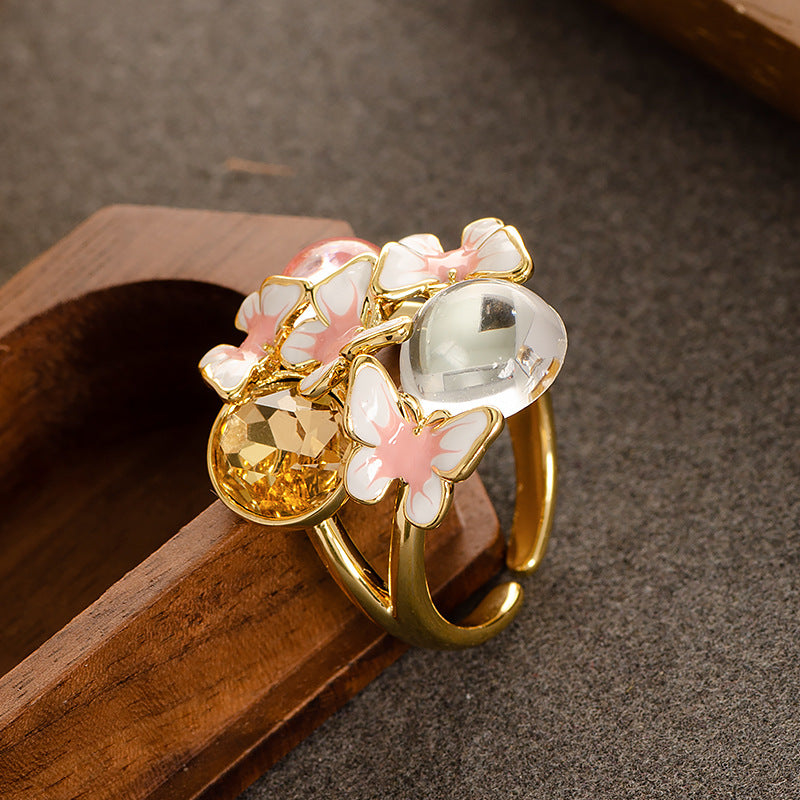 Elegant Floral Adjustable Open Ring With Zirconium For Women