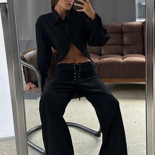 Trendy White Set with Cropped Design Shirt and Wide-Leg Pants