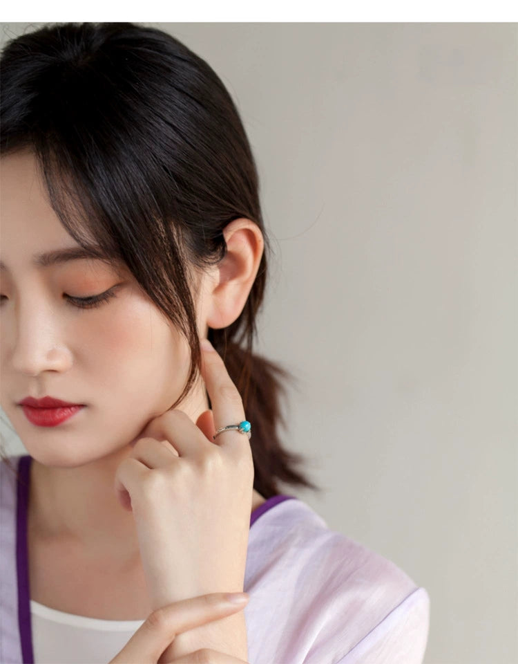 Retro-Styled S925 Silver Exquisite Ring Female Opening Carved National Turquoise Tide Jewelry