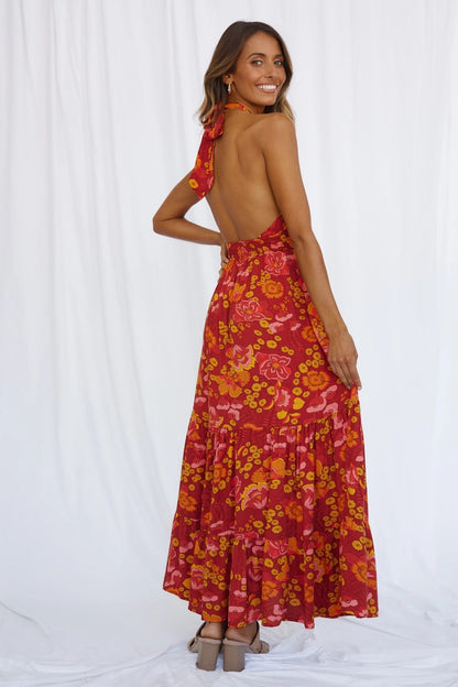New Women'S Sexy Lace-Up Halterneck Split Print Resort Dress