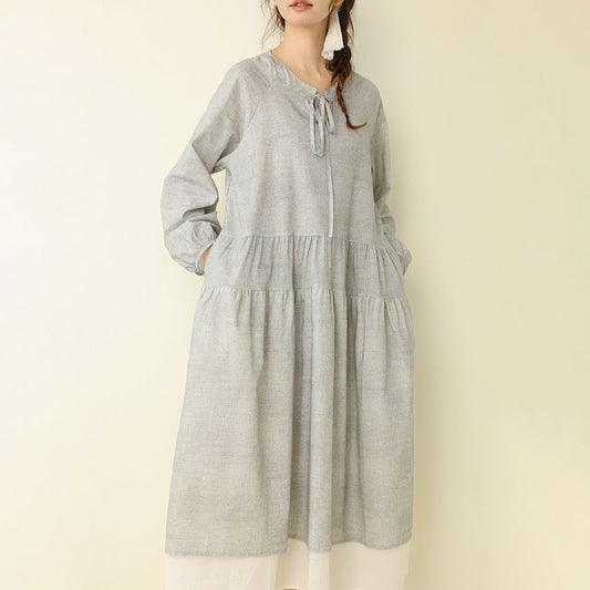 Polka Dot Long Cotton-Linen Dress Casual A-Line Dress