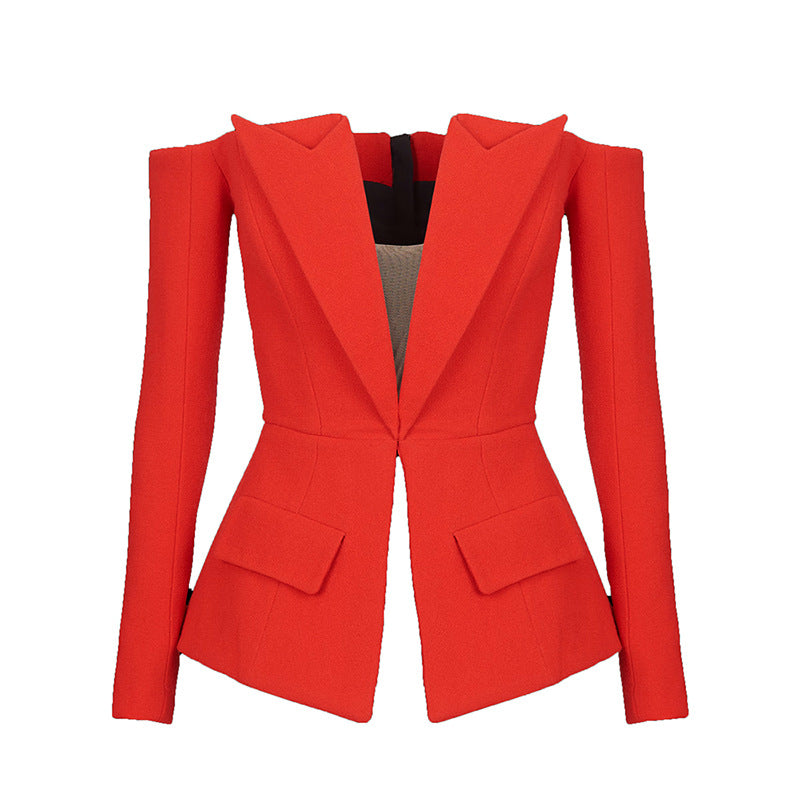 Red Zippered Blazer with Off-Shoulder Design