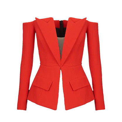 Red Zippered Blazer with Off-Shoulder Design
