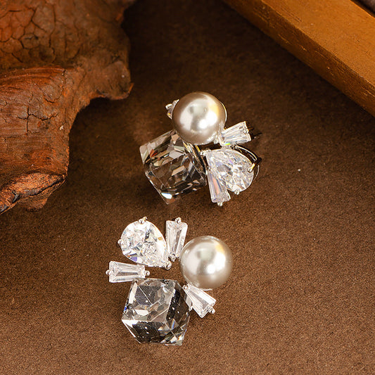 Elegant French Style Colorful Geometric Zircon Pearl Stud Earrings For Women