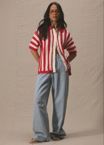 Crochet Knit Button Up Shirt With Stripes