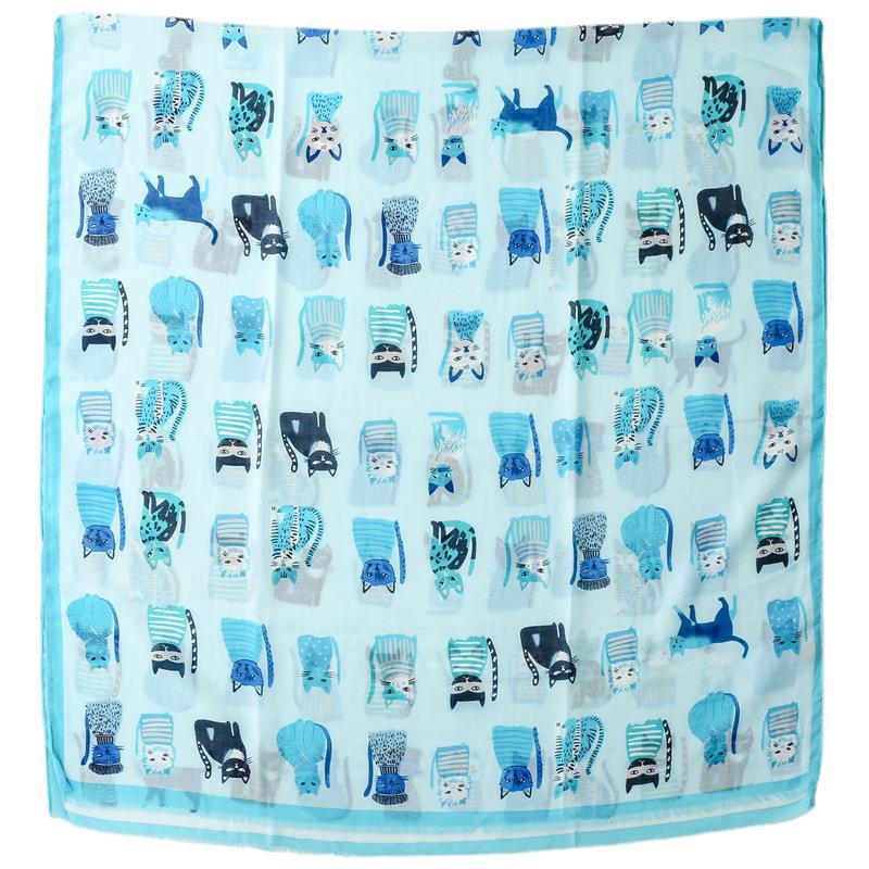 Spring And Autumn Sunscreen Cute Cat Paradise Printed Silk Scarf Satin Cotton Long Scarf
