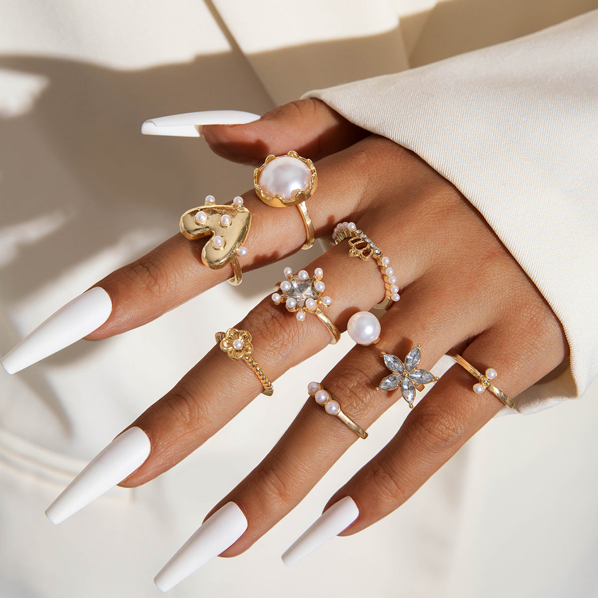 Flower-Decorated Pearl Ring Set Retro Baroque Geometric Rings