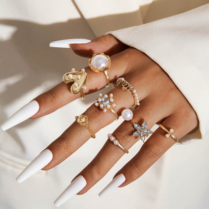 Flower-Decorated Pearl Ring Set Retro Baroque Geometric Rings