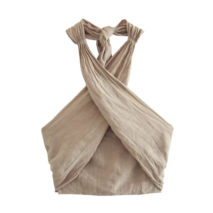 Vesty - Linen Cross-Neck Two-Piece Set (Top + Pants)