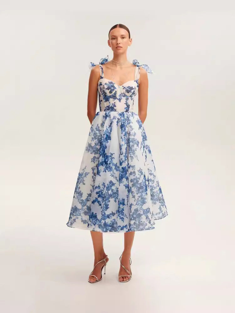 Off-Shoulder Elegant A-Line Evening Dress in Blue and Pink