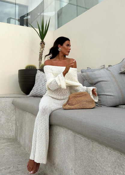 Off Shoulder Shimmer Knit Maxi Dress White