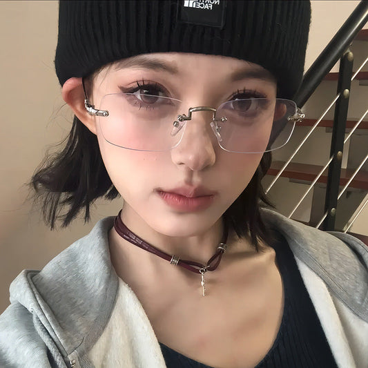 Silver Frameless Square Blue Light Blocking Glasses for Women