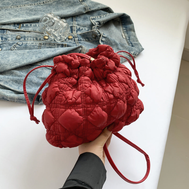 Ruffle Drawstring Bucket Bag Stylish Nylon Tote Bag