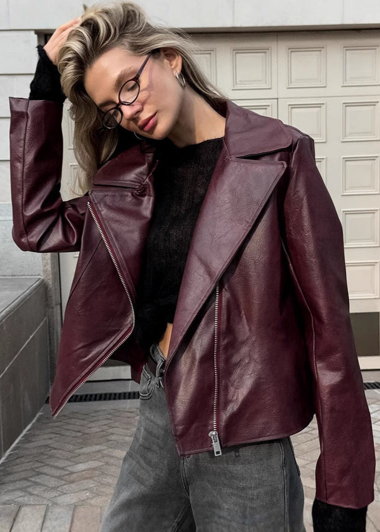 Faux Leather Moto Jacket Burgundy Edgy Silhouette