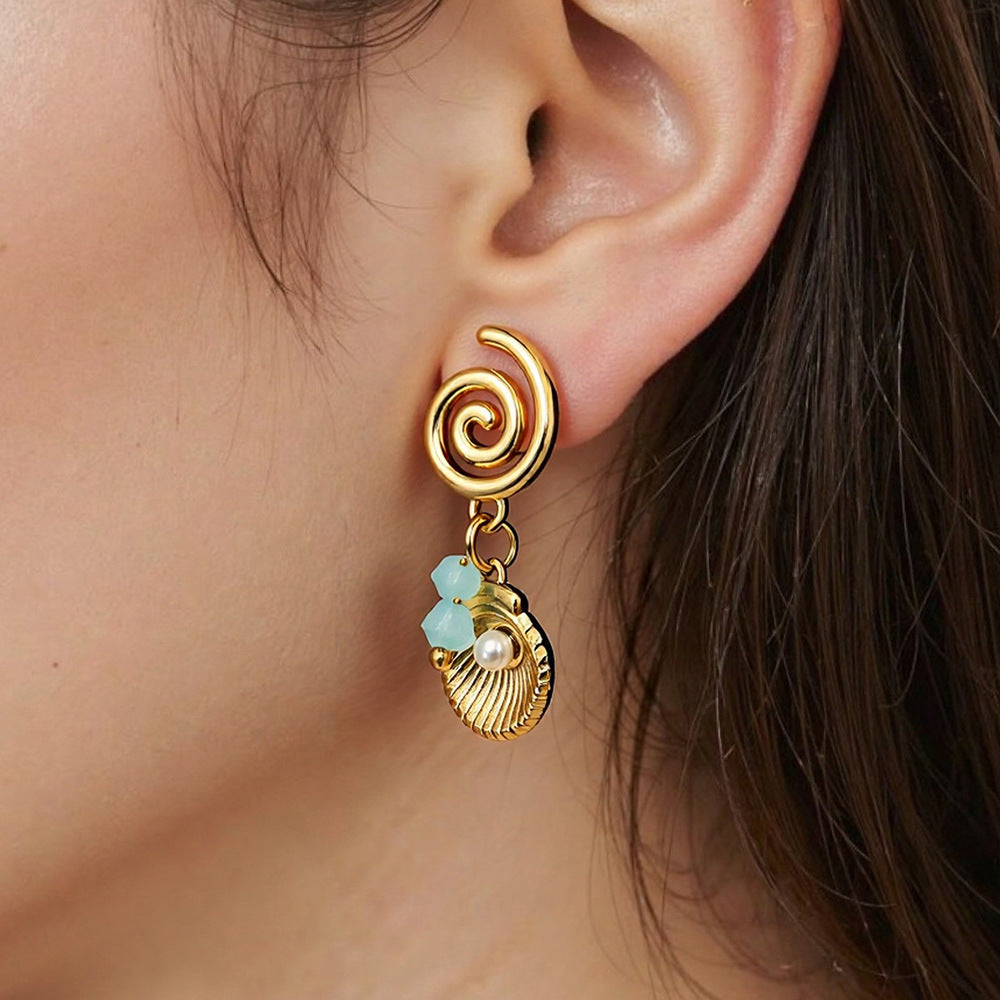 Ocean-Inspired Pearl Shell Pendant Earrings 18K Gold Titanium Steel